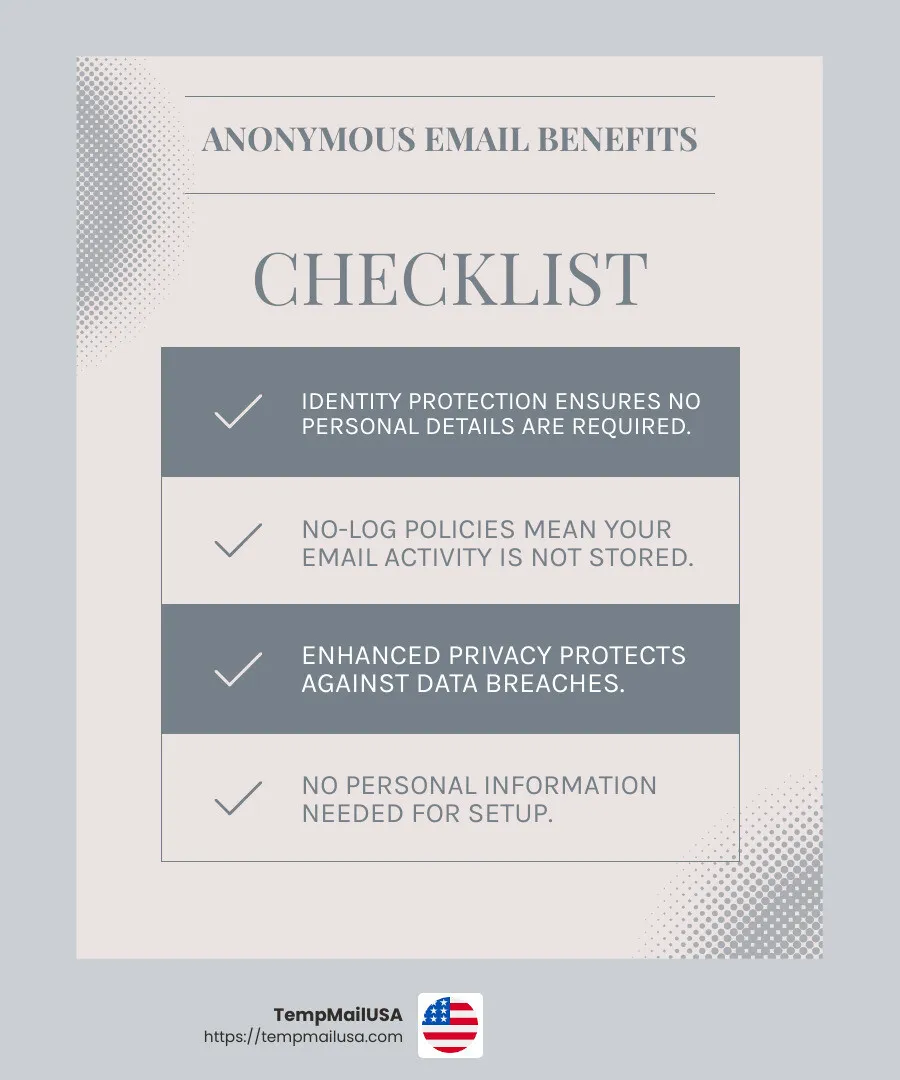 Anonymous email accounts protect your identity and keep no logs of your activity. - anonymous email account infographic checklist-light-blue-grey