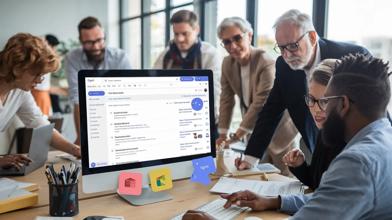 Modern office workspace featuring a laptop displaying the Gmail interface, with diverse professionals collaborating on email strategies, highlighting the benefits of Gmail for corporate communication in 2025