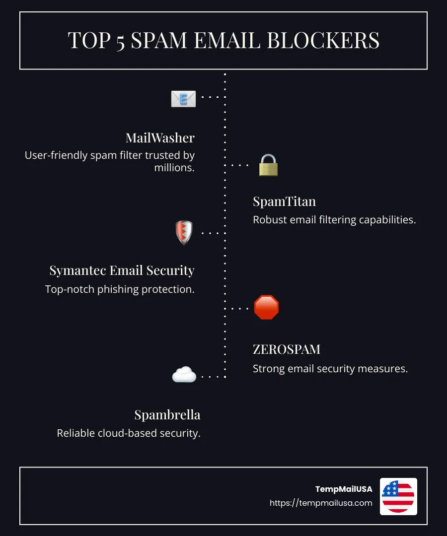 Infographic detailing top spam email blockers with brief pros and cons for each option discussed above - spam email blocker infographic infographic-line-5-steps-dark