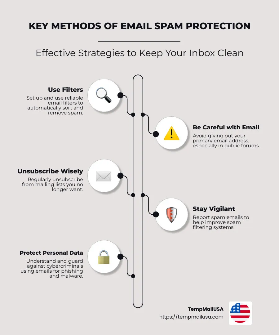 Infographic showing key methods of email spam protection: use filters, be careful with your email address, unsubscribe from unwanted lists, report and block spam - email spam protection infographic infographic-line-5-steps-neat_beige