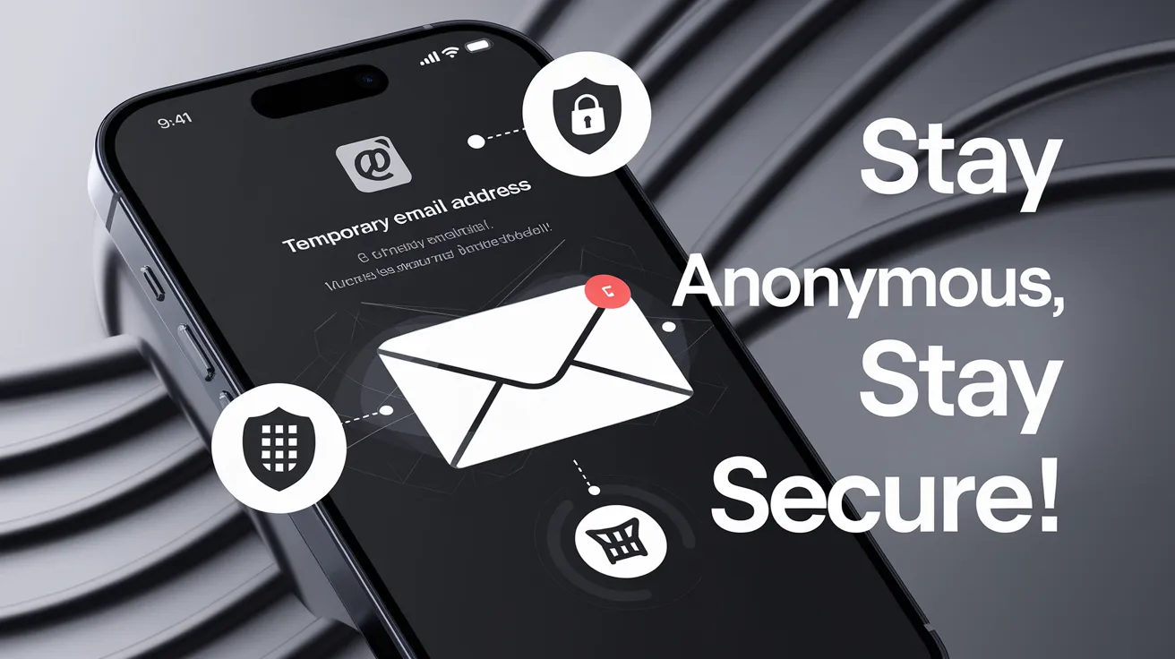 Smartphone displaying a disposable email generator interface, featuring temporary email creation, privacy-focused options, and spam-free email addresses. Includes icons for secure email generation and anonymous email creation, highlighting benefits of temp mail and throwaway email services.